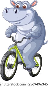 A cheerful hippo cycling on a green bike