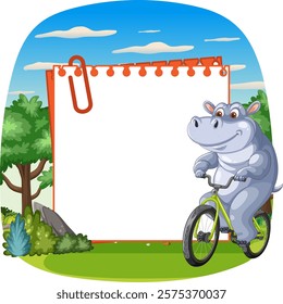 A cheerful hippo cycling through a scenic landscape