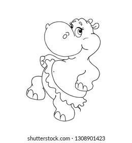 Cheerful hippo dancing. Vector cartoon character Hippo. Hippo in skirt. Page for coloring book. Hippo for coloring. Object for children's creativity. Vector isolated.