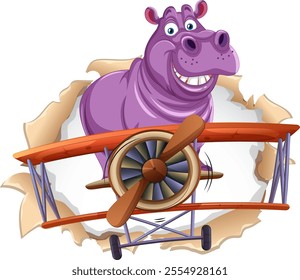 A cheerful hippo with a vintage airplane