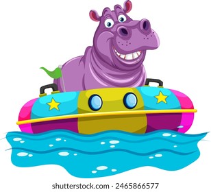 Cheerful hippopotamus riding a vibrant inflatable boat