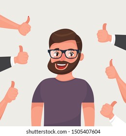 Cheerful hipster bearded young man surrounded by hands demonstrating thumbs up gesture. Public appreciation, positive opinion, respect, recognition, honor. Flat cartoon vector illustration