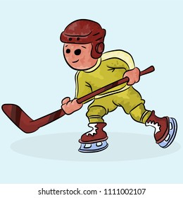 cheerful hockey player in yellow-red uniform