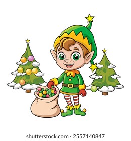 A cheerful holiday elf in green clothes stands beside decorated Christmas trees with a sack full of colorful gifts, capturing the festive spirit of the Christmas season.