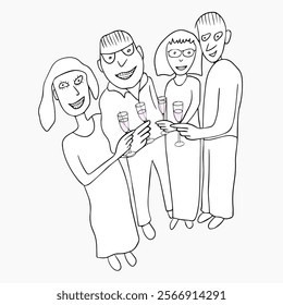 A cheerful holiday picture with caricature characters. Four people, two girls and two guys, are standing next to each other and holding glasses of champagne in their hands. Black and white vector