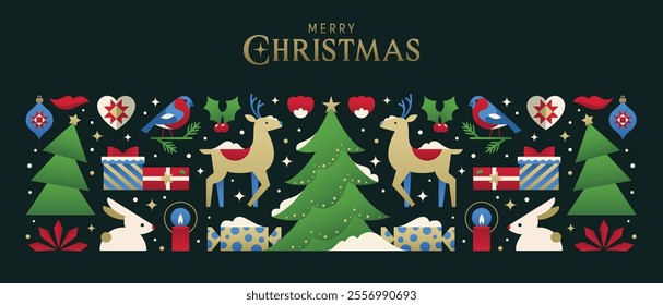 A cheerful holiday scene featuring trees, reindeer, and festive ornaments in a modern geometric layout. Vector Merry Christmas and Happy New Year poster