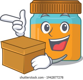 A cheerful honey jar cartoon design concept having a box