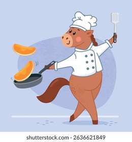 A cheerful horse bakes pancakes, Maslenitsa, pancakes, cook, culinary specialist, cooking, food, cute horse, year of the horse, fun, pastry chef, cute illustration, poster, calendar horse, screensaver