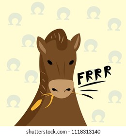 Cheerful horse with a blade of grass in his mouth vector illustration for a card.