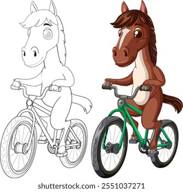 A cheerful horse cycling on a green bike