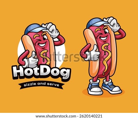 A cheerful hot dog character with mustard and a friendly smile