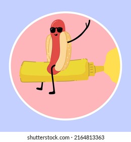 cheerful hot dog flies astride a bottle of mustard and laughs. Funny food, hot dog logo