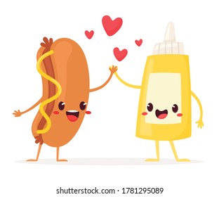 Cheerful hot dog and mustard together. Vector illustration in flat cartoon style.