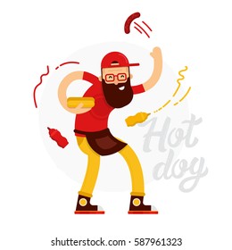 Cheerful hot dog seller man makes the hot dog with ketchup and mustard isolated on white background with lettering. Hot dog cook flat illustration