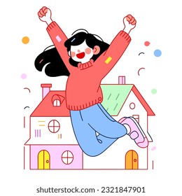 A cheerful house character is shown jumping with pleasure in an exciting image