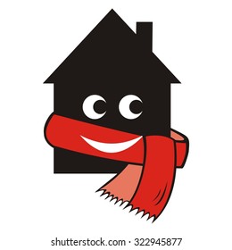 Cheerful house with a scarf. Icon for insulation of house. Vector illustration.