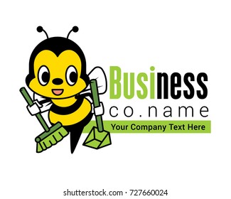 Cheerful housekeeping bee character cartoon, business logo, icon vector illustration on isolated background.