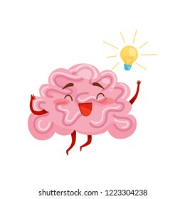 Cheerful humanized brain with great idea, yellow light bulb. Cartoon character with happy face expression. Flat vector icon
