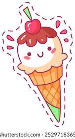 Un alegre personaje de cono de helado con una cara sonriente se sienta encima de un cono de gofre. Cuenta con una cucharada de helado de vainilla y chocolate y una cereza que exuda felicidad.