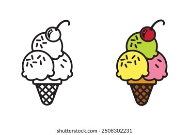 Cheerful Ice Cream Cone Coloring Page for Kids - Delicious Dessert Coloring Book for Adults and Teens