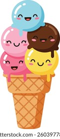 A cheerful ice cream cone holds four smiling scoops in pastel colors, radiating happiness while enticing viewers with its whimsical, inviting charm.