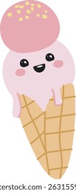 A cheerful ice cream cone with a smiling face and sprinkles in a playful cartoon style. The happy dessert character features bright eyes and a waffle cone. Cartoon vector illustration.