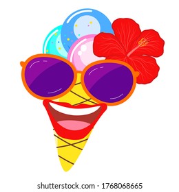 Cheerful ice cream cone in sunglasses with a hibiscus flower and a joyful smile.