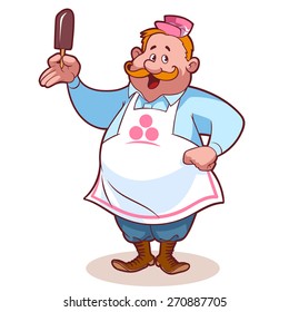 Cheerful ice cream seller on a white background. Fat man in apron. Vector clip-art illustration.