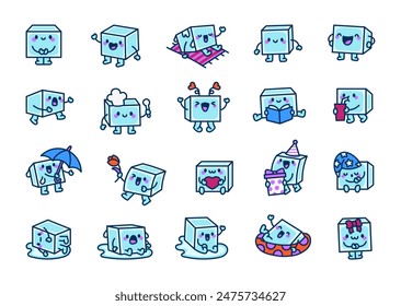 Cubo de hielo alegre. Personaje divertido y lindo. Estilo dibujado a mano. Dibujo de Vector. Colección de Elementos de diseño.