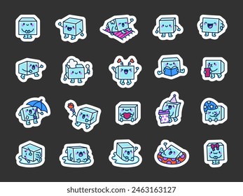 Cheerful ice cube. Sticker Bookmark. Funny and cute character. Hand drawn style. Vector drawing. Collection of design elements.