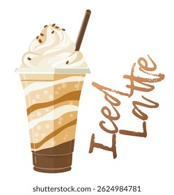 A cheerful iced latte cartoon icon displays a tall glass filled with creamy, swirled layers topped with whipped cream and chocolate. Ideal for coffee lovers and summer days