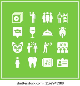 cheerful icon. 16 cheerful vector set. college pin, playlist, two men talking and employment id icons for web and design about cheerful theme
