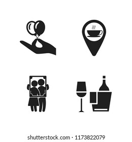 cheerful icon. 4 cheerful vector icons set. hand holding balloons, wine and couple portrait with frame icons for web and design about cheerful theme