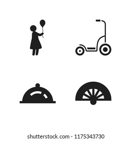 cheerful icon. 4 cheerful vector icons set. fan, scooter and woman with balloon icons for web and design about cheerful theme