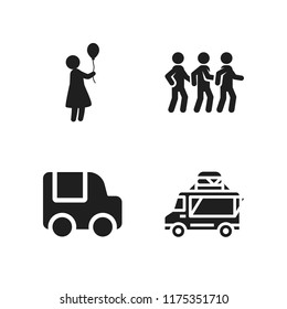 cheerful icon. 4 cheerful vector icons set. food truck, group and woman with balloon icons for web and design about cheerful theme