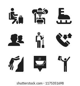 cheerful icon. 9 cheerful vector icons set. coffee shop pin, jumping and phone calls icons for web and design about cheerful theme