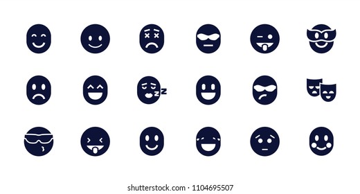 Cheerful icon. collection of 18 cheerful filled icons such as smiling emot, sad emot, emoji showing tongue, mask, blush. editable cheerful icons for web and mobile.
