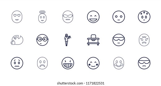 Cheerful icon. collection of 18 cheerful outline icons such as baby walker, casino girl, laughing emot, blush, sad emot. editable cheerful icons for web and mobile.