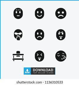 Cheerful icon. collection of 9 cheerful filled icons such as sad smiley, sleeping emot, baby walker. editable cheerful icons for web and mobile.