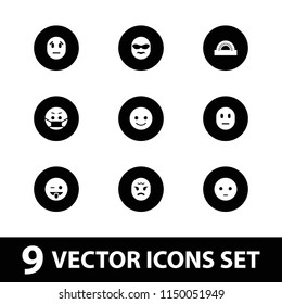 Cheerful icon. collection of 9 cheerful filled icons such as smiling emot, sad emot, emoji showing tongue, emoji in mask. editable cheerful icons for web and mobile.