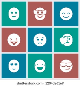 Cheerful icon. collection of 9 cheerful filled icons such as smiling emot, sad emot, happy emoji with star eyes. editable cheerful icons for web and mobile.