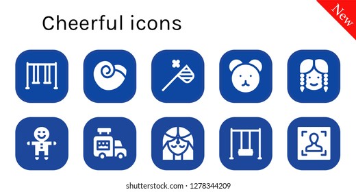  cheerful icon set. 10 filled cheerful icons. Simple modern icons about  - Swing, Winkle, Butterfly net, Teddy bear, Girl, Gingerbread, Ice cream van, Face