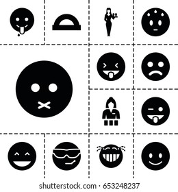Cheerful icon. set of 13 filled cheerfulicons such as casino girl, laughing emot, smiling emot, emoji showing tongue, protractor
