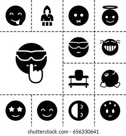 Cheerful icon. set of 13 filled cheerfulicons such as baby walker, casino girl, smiling emot, sad emot, emoji angel, happe emoji with star eyes