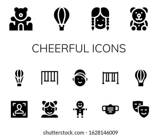 cheerful icon set. 14 filled cheerful icons. Included Teddy bear, Hot air balloon, Girl, Face, Swings, Gingerbread, Mask, Swing, Masks icons