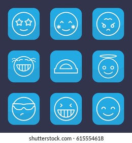 Cheerful icon. set of 9 outline cheerful icons such as laughing emot, blush, smiling emot, cool emot in sunglasses, emoji angel, happe emoji with star eyes, angry emoji