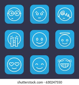 Cheerful icon. set of 9 outline cheerful icons such as smiling emot, sad emot, emoji angel, nerd emoji