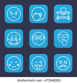 Cheerful Icon. Set Of 9 Outline Cheerful Icons Such As Baby Walker, Blush, Sad Emot, Emoji Showing Tongue, Nerd Emoji, Facepalm Emot, Cool Emot, Emoji In Mask