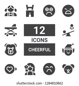 cheerful icon set. Collection of 12 filled cheerful icons included Teddy bear, Sad, Girl, Expresso, Elf, Bear, Seesaw, Lederhosen, Angry, Baby walker