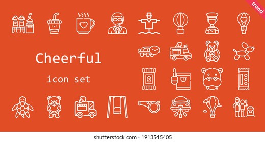 cheerful icon set. line icon style. cheerful related icons such as ice cream car, father and son, turtle, candy, doorman, whistle, scarecrow, drink, hippopotamus, wedding car, swing, hot air balloon